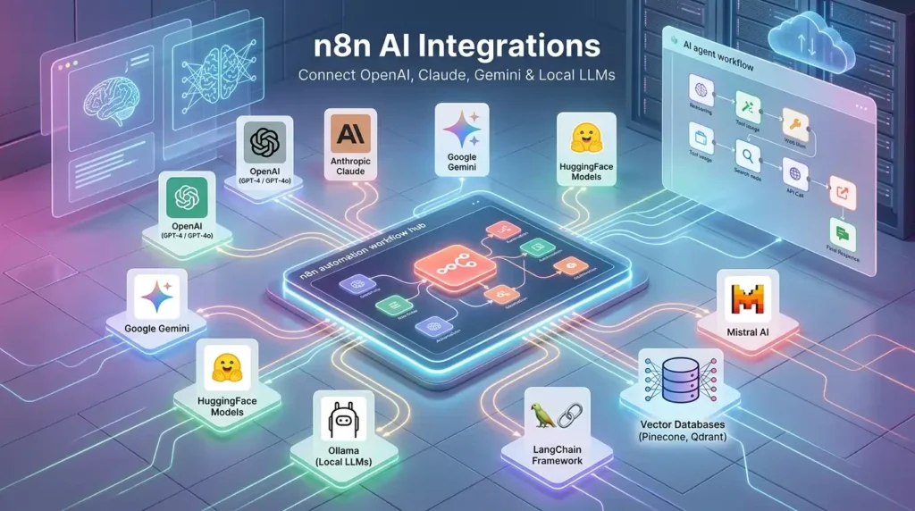 n8n AI integrations with OpenAI, Claude, Gemini, Ollama, and other LLM tools