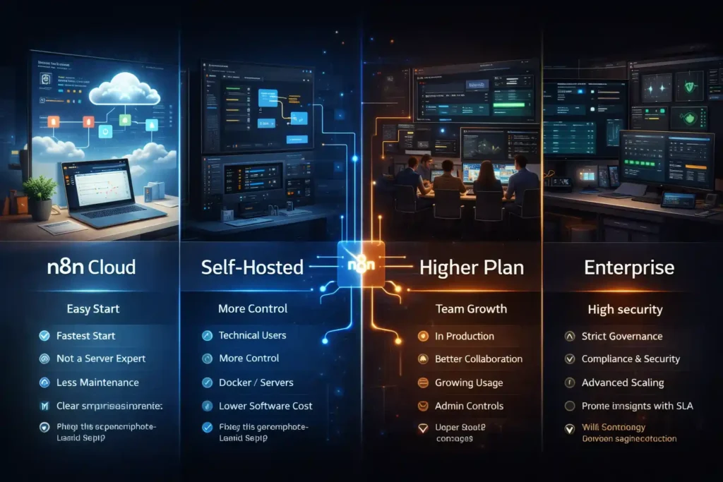 n8n pricing decision guide showing cloud, self-hosted, higher plan, and enterprise options