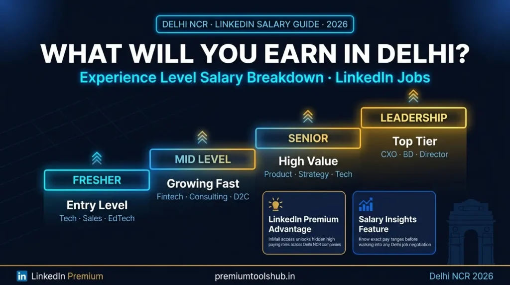 Delhi NCR LinkedIn salary guide 2026 infographic showing expected salaries by experience level including fresher, mid-level, senior, and leadership roles with insights on LinkedIn Premium and salary trends in Delhi job market.