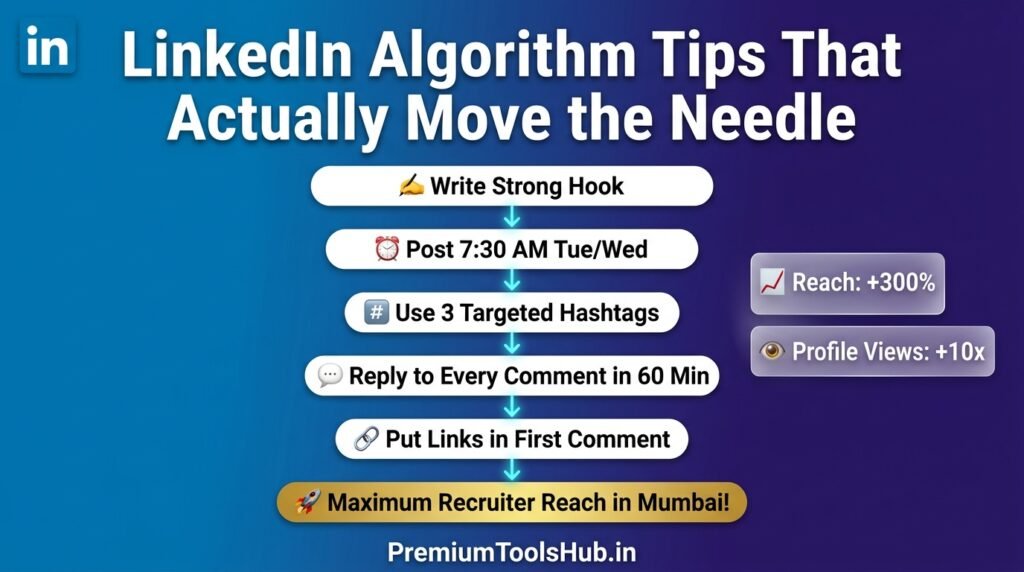 “LinkedIn Algorithm Tips That Actually Move the Needle” with key steps: write a strong hook, post at 7:30 AM on Tuesday/Wednesday, use 3 targeted hashtags, reply to comments within 60 minutes, and place links in the first comment. Highlights include increased reach (+300%) and profile views (+10x), with a note on maximum recruiter reach in Mumbai.
