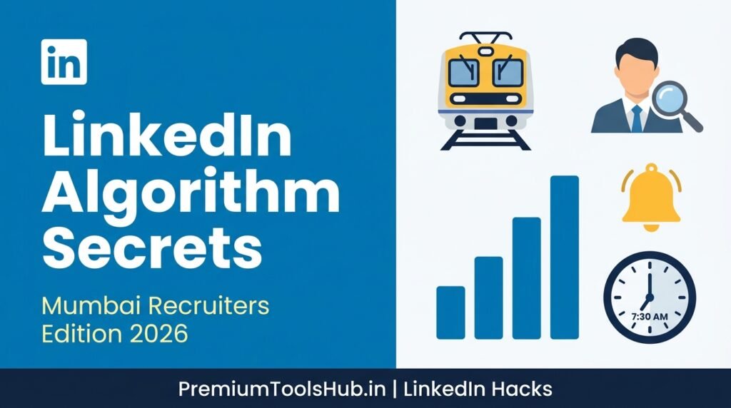 LinkedIn algorithm Mumbai recruiters guide 2026 – flat design banner with Mumbai train, recruiter icon, bar chart and clock
