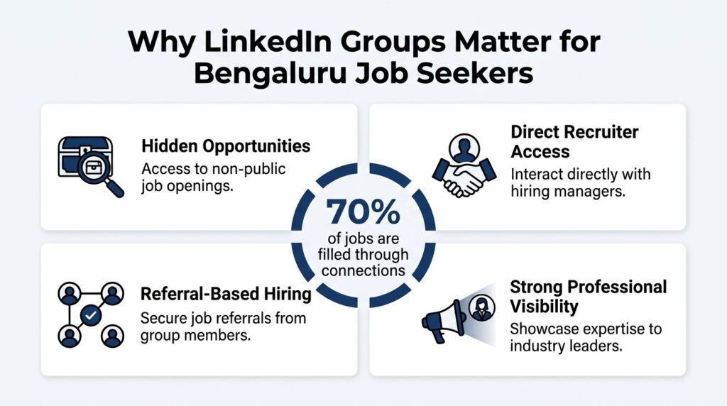 Infographic explaining why LinkedIn groups matter for Bengaluru job seekers, highlighting hidden job opportunities, recruiter access, referral-based hiring, and professional visibility with 70 percent jobs filled through connections