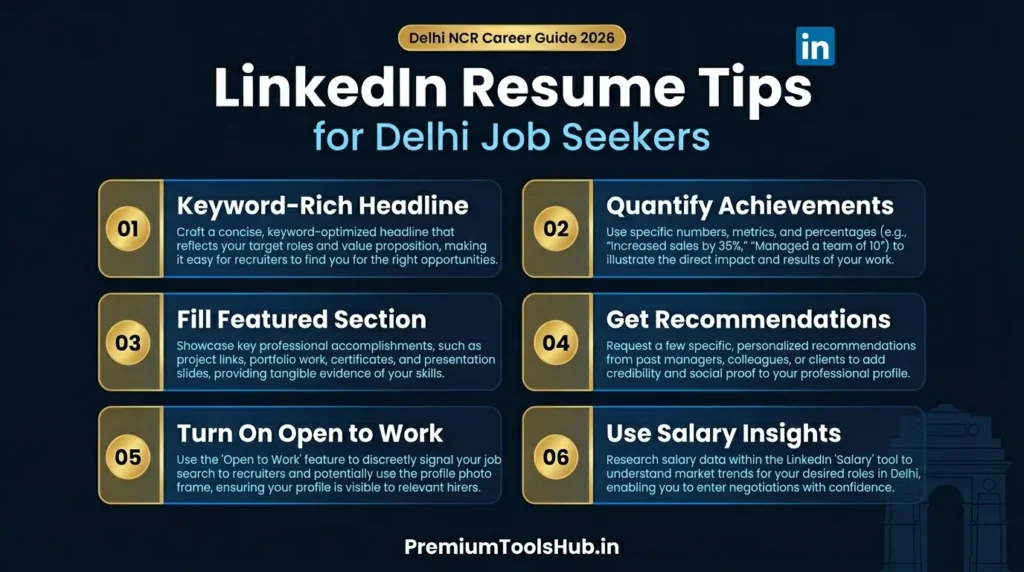 LinkedIn resume tips for Delhi job seekers showing steps like keyword-rich headline, quantified achievements, featured section, recommendations, open to work, and salary insights for the Delhi job market LinkedIn strategy
