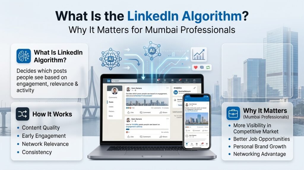LinkedIn algorithm infographic explaining how LinkedIn decides post visibility based on engagement, content quality, and network relevance, highlighting its importance for Mumbai professionals in gaining visibility, job opportunities, personal branding, and networking growth.