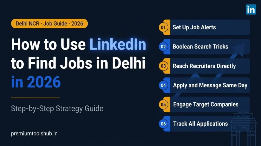 Step-by-step guide on using LinkedIn to find jobs in Delhi in 2026 with tips like job alerts, Boolean search, recruiter outreach, and application tracking for the Delhi job market LinkedIn strategy