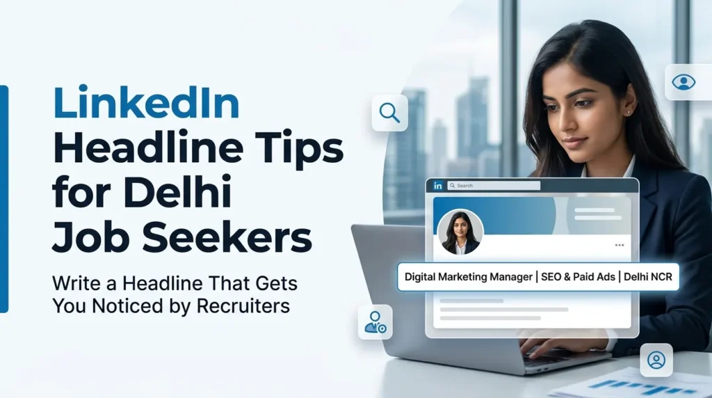 Professional woman optimizing LinkedIn headline on laptop with example digital marketing headline for Delhi NCR job search