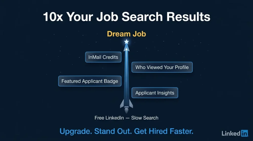 LinkedIn premium features illustration showing how to 10x job search results with tools like InMail credits, profile views, applicant insights, and featured applicant badge, helping job seekers stand out and get hired faster.