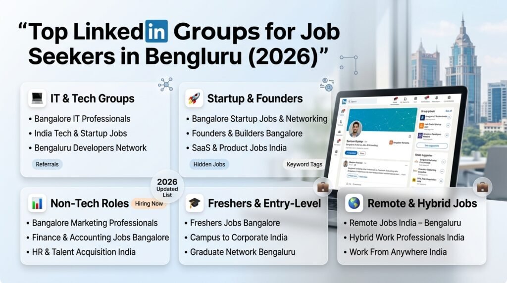 Infographic showing top LinkedIn groups for job seekers in Bengaluru 2026 including IT, startup, non-tech, fresher, and remote job communities with referral and networking opportu
