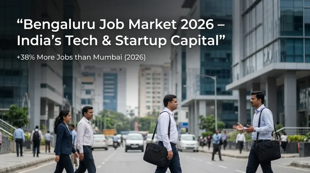 Bengaluru job market 2026 with professionals walking in a modern tech city, representing India’s startup capital and best city for jobs India 2026