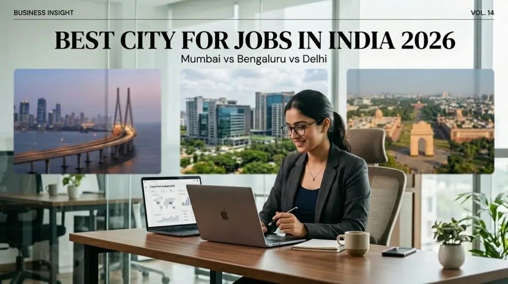 Indian professional analyzing job market trends on laptop with Mumbai, Bengaluru, and Delhi city visuals representing the best city for jobs India 2026.
