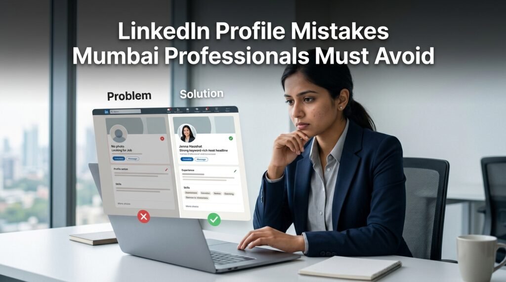 Professional woman reviewing LinkedIn profile on laptop showing common profile mistakes vs optimized profile with strong headline and complete details