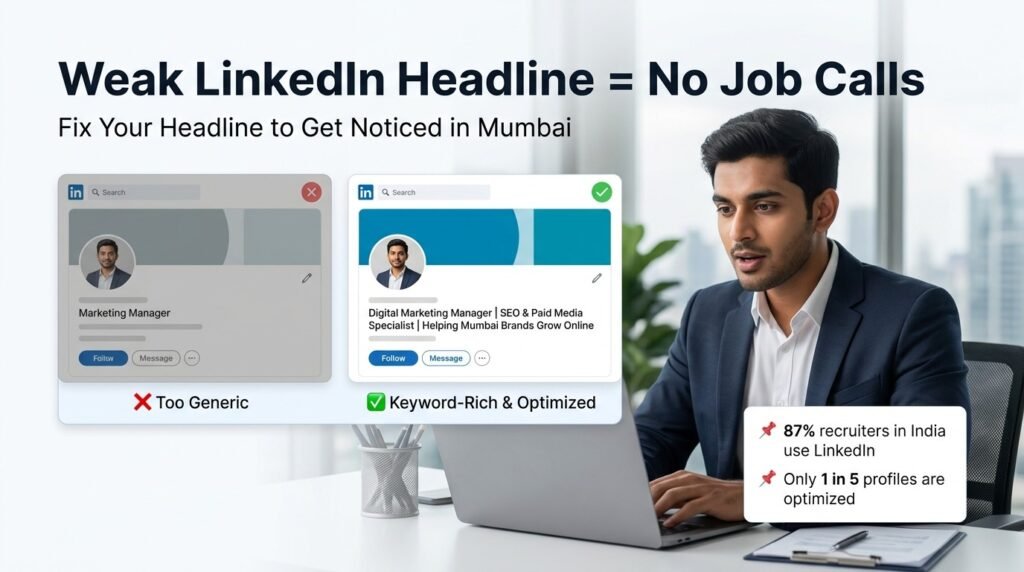 LinkedIn profile optimization Mumbai showing weak vs optimized headline and experience section for better job opportunities